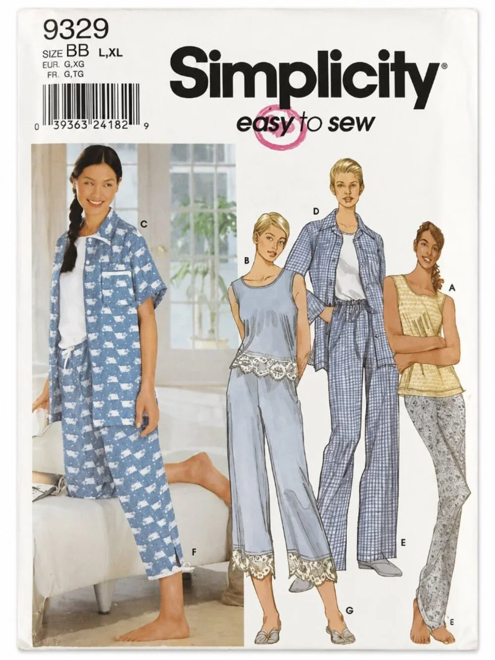 Simplicity 9329 Easy to Sew Pajamas Set L XL Tank Short or Long Sleeve Pants Cut